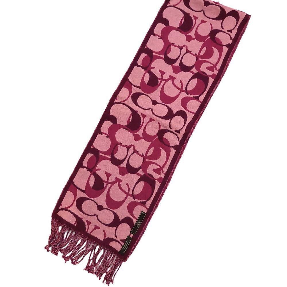 COACH Pink Multi-Color Monogram C Logo Merino Wool Pre-owned Fringed Scarf - Picture 6 of 16